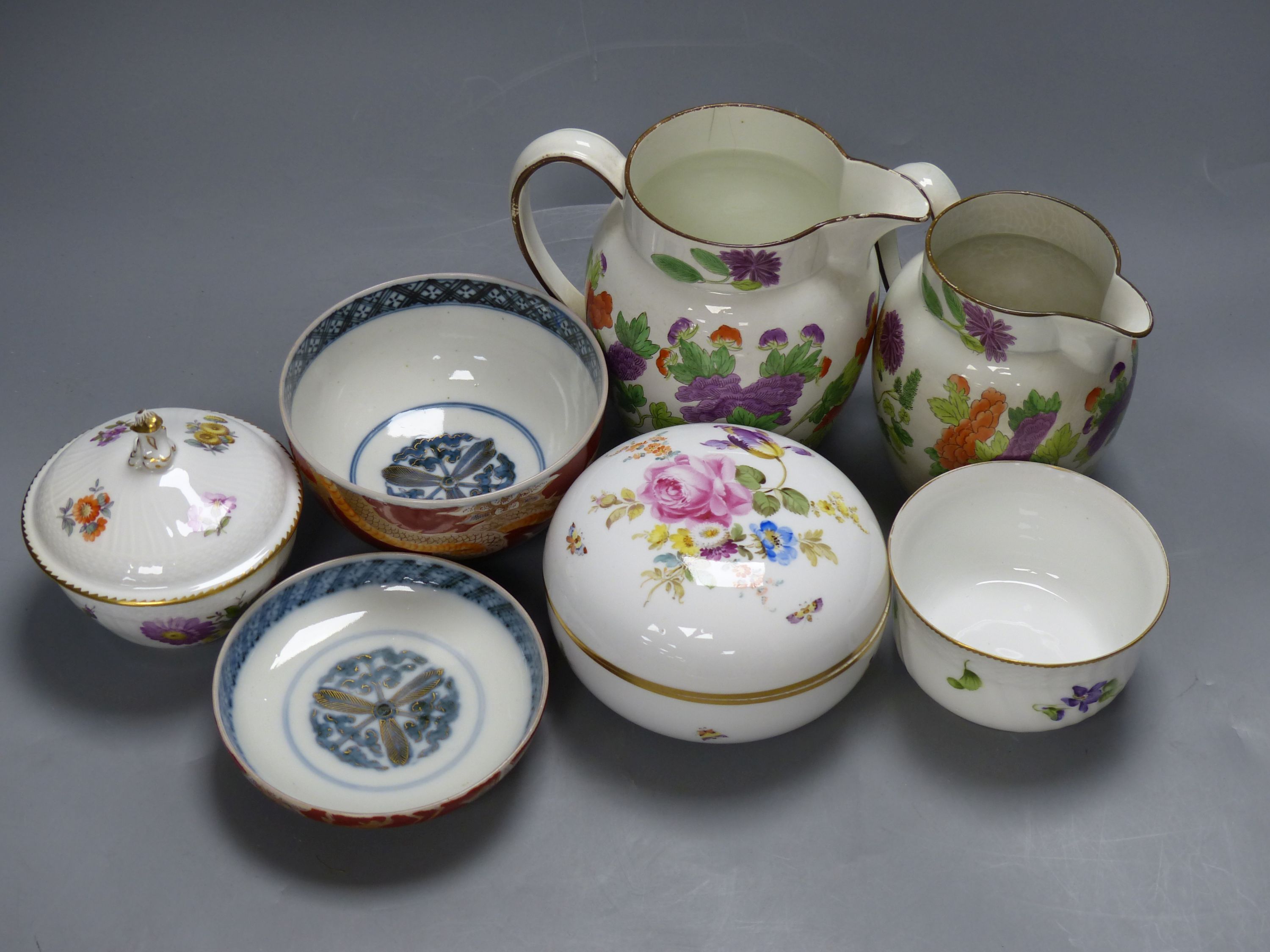 Two Wedgwood jugs, a Meissen box and cover, Royal Copenhagen sucrier, an Imari bowl and Cover etc.